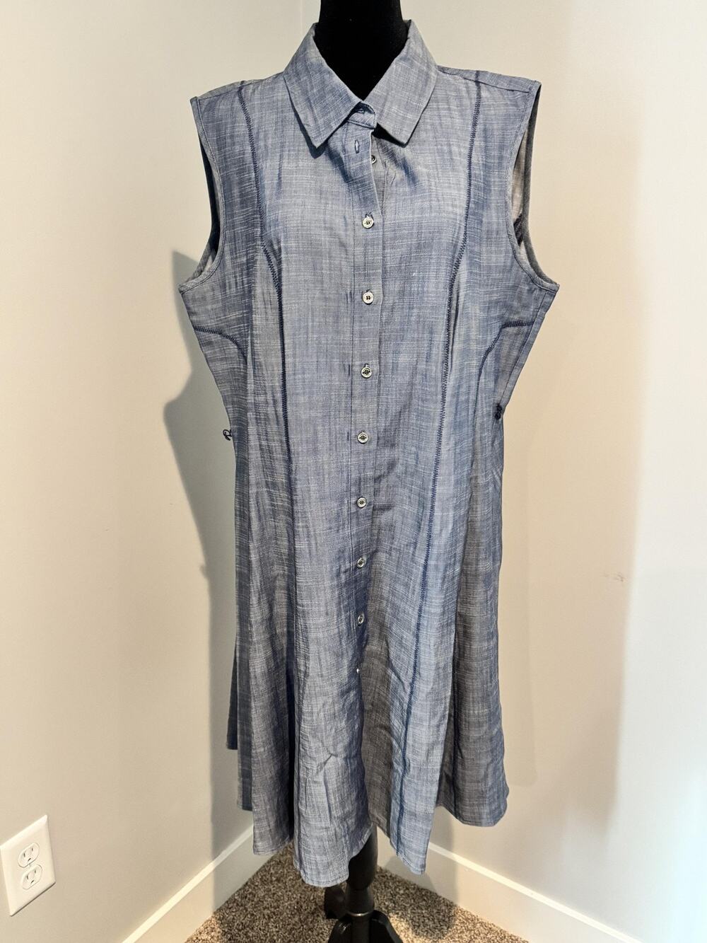 Linen Chambray Shirt Dress Sz L Blue Sleeveless Button Front A Line Preppy Vaca